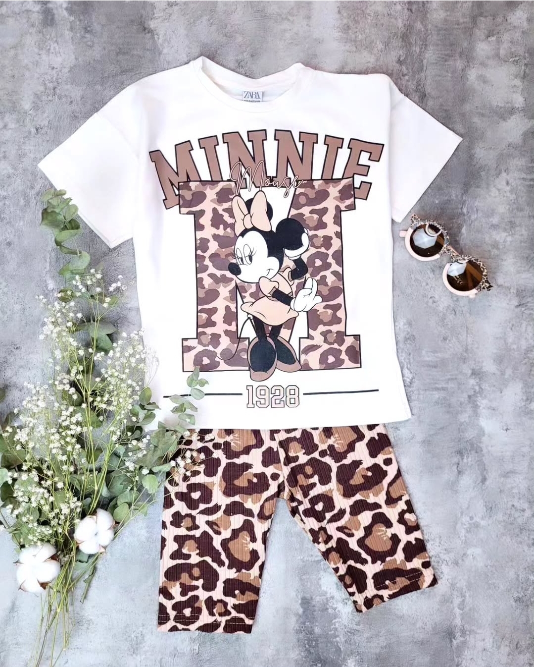 ست تیشرت شلوارک دخترانه زارا ترک طرح میکی پلنگی